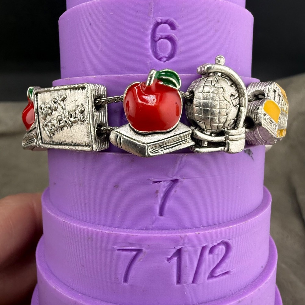 Teacher School Slide Charm Bracelet Silver Tone Enamel Bus Apple Books 7" - Picture 10 of 12